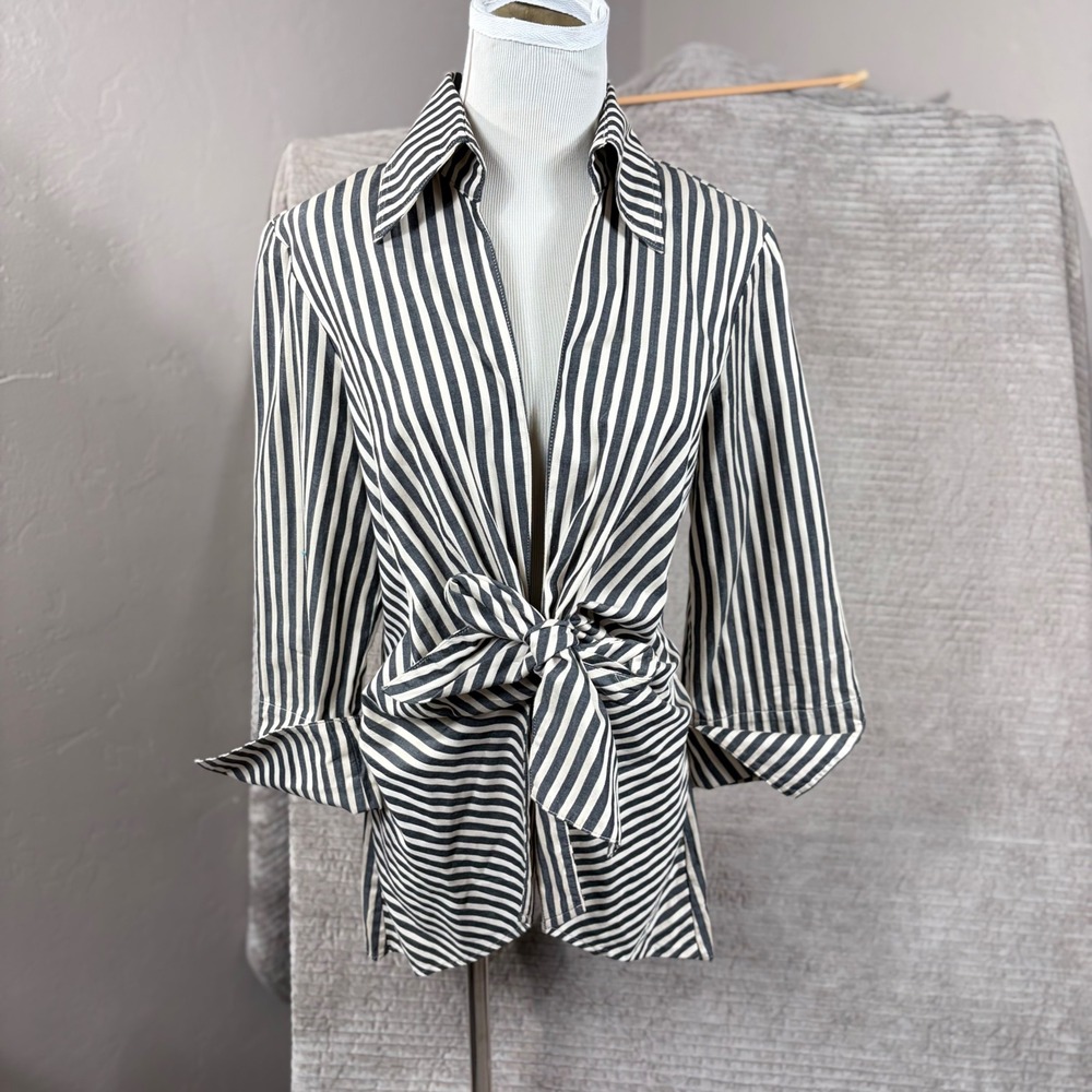 3 Sisters Black White Striped 100% Linen Tie Front Wrap Blouse Top L 3S539 USA